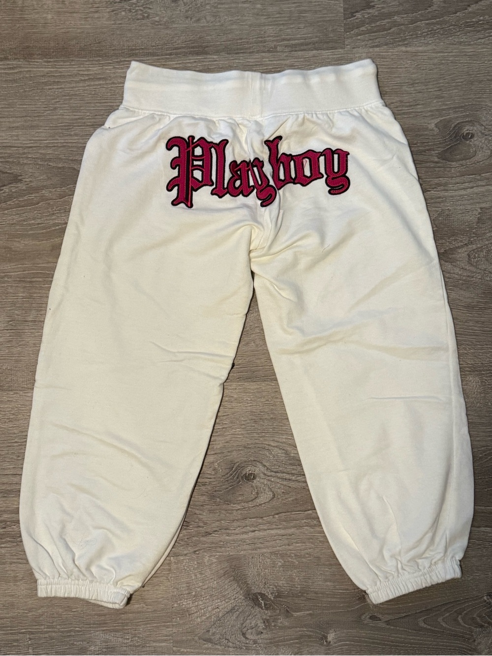 PLAYBOY Bunny White Pink Cropped Embroidered Sweatpants Jogger Drawstring Pants